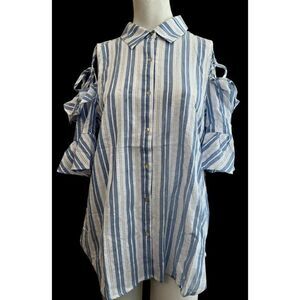 NWT Doe & Rae M Cold Shoulder Button Front Blouse Blue White Striped Ruffled NWT